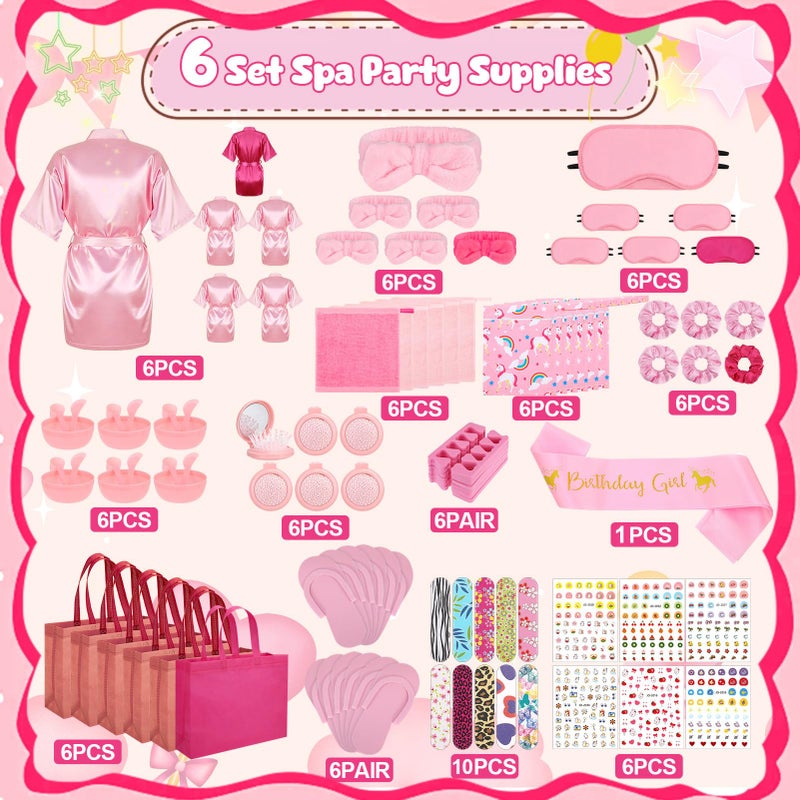 ZhouBoat 6 Set Girls Spa Party Supplies Kit 83 PCS Includes Satin Robes Headbands Slippers Nail Kit Masks Towel Brush Set for Birthday Sleepover Pink, Hot Pink Birthday Theme - Image 3
